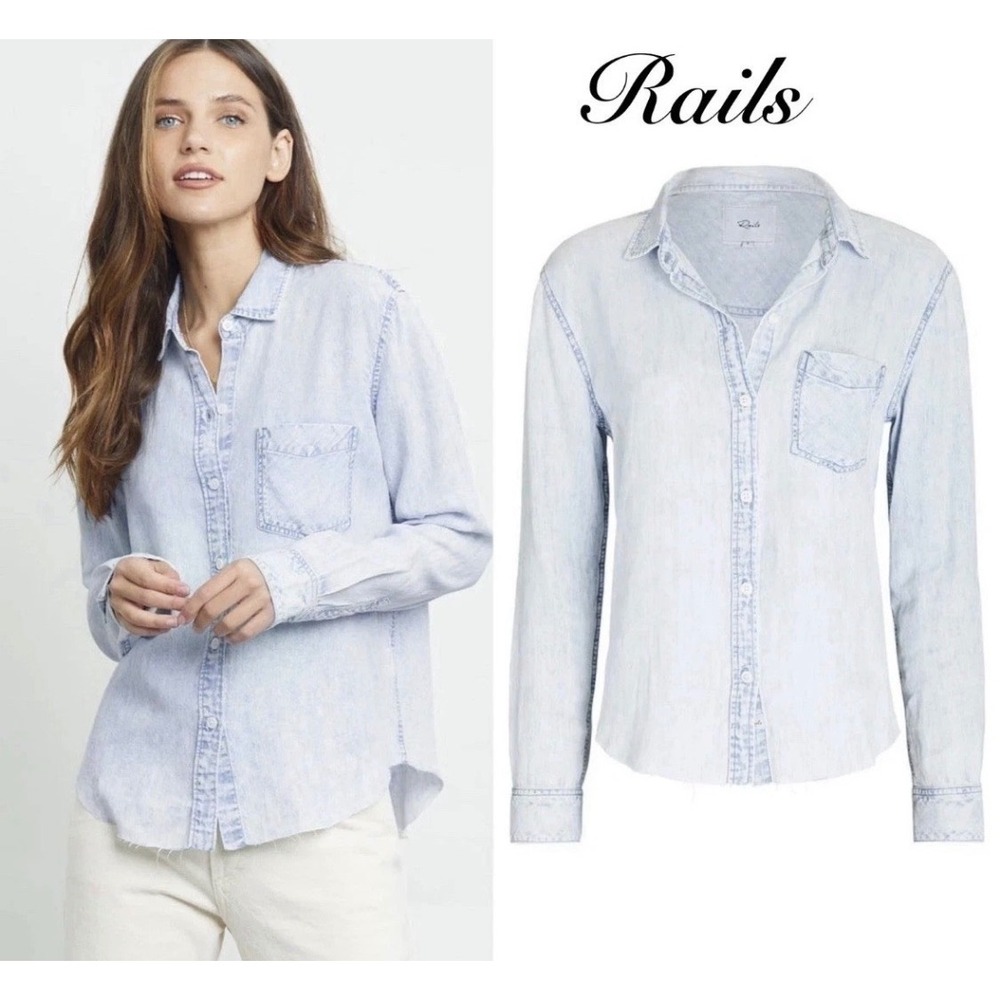 Rails Ingrid Raw Shirt Womens Medium Light Acid Wash Blue Boho Frayed Hem‎ Denim
